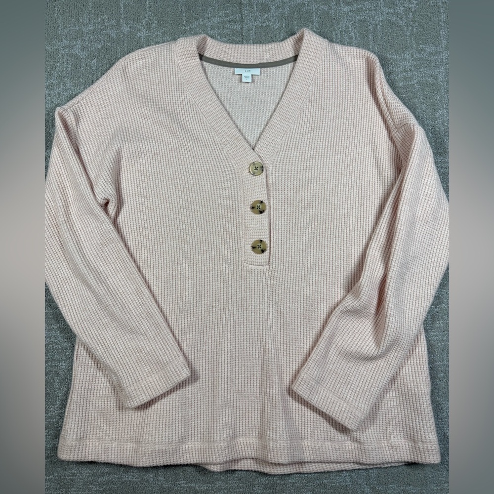 J. Jill Soft Cozy Waffle Knit Button Down Casual Henley Pull Over V-Neck Top L